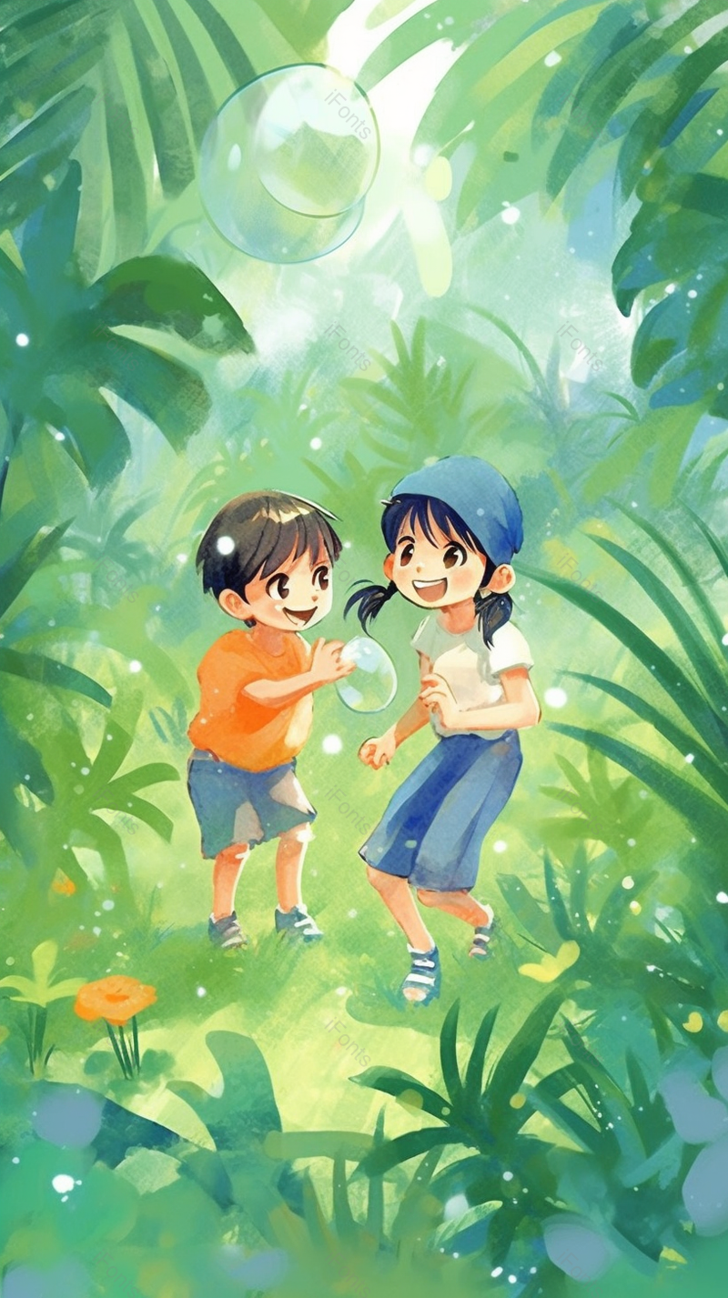 小清新男女动漫儿童节六一春游游玩探险绿色插画,插画/手绘图,插画/手绘图库,插画/手绘图下载,插画/手绘